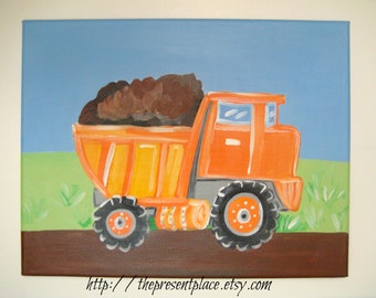 dump truck painting,construction theme,wall art,yellow dump truck,dump truck art,build it theme,boys painting,boys wall art,boys decor