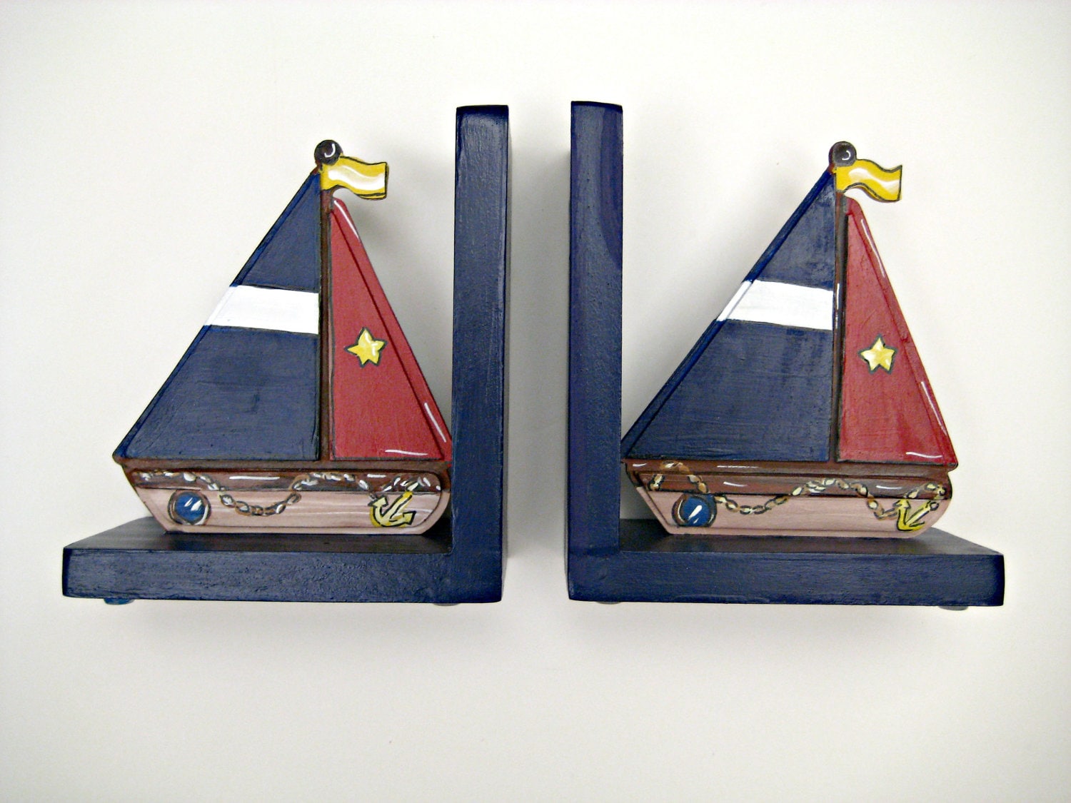 Hand Painted Sailboat Bookends Nautical Nursery Decor