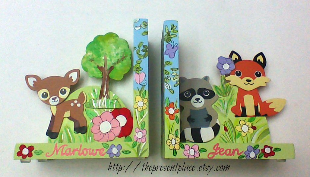 Personalized Friendly Forest Bookends With A Deer, Fox & Racoon