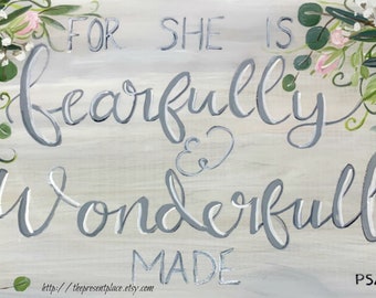 she is fearfully and wonderfully made, painting or hairbow holder in grey and pink