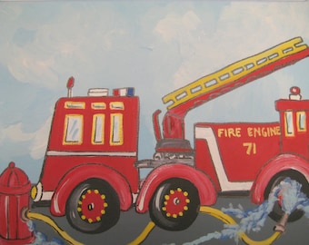 May include: A red fire engine with a yellow ladder, white trim, and the words "FIRE ENGINE 71" on the side. The fire engine is on a grey background with a blue hose and a red fire hydrant.