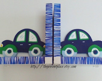Hand Painted Car Bookends, Navy Blue, Kids Room Decor