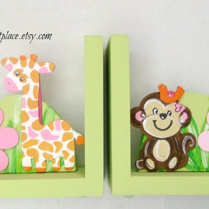 Personalized giraffe and elephant bookends with pink flowers image 6