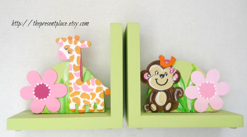 Personalized giraffe and elephant bookends with pink flowers image 6