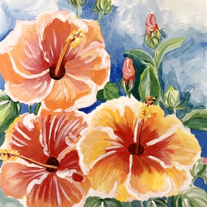 3 sisters an original hibiscus painting in vibrant yellows and orange image 1