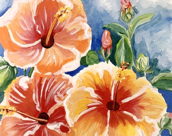 3 sisters an original hibiscus painting in vibrant yellows and orange