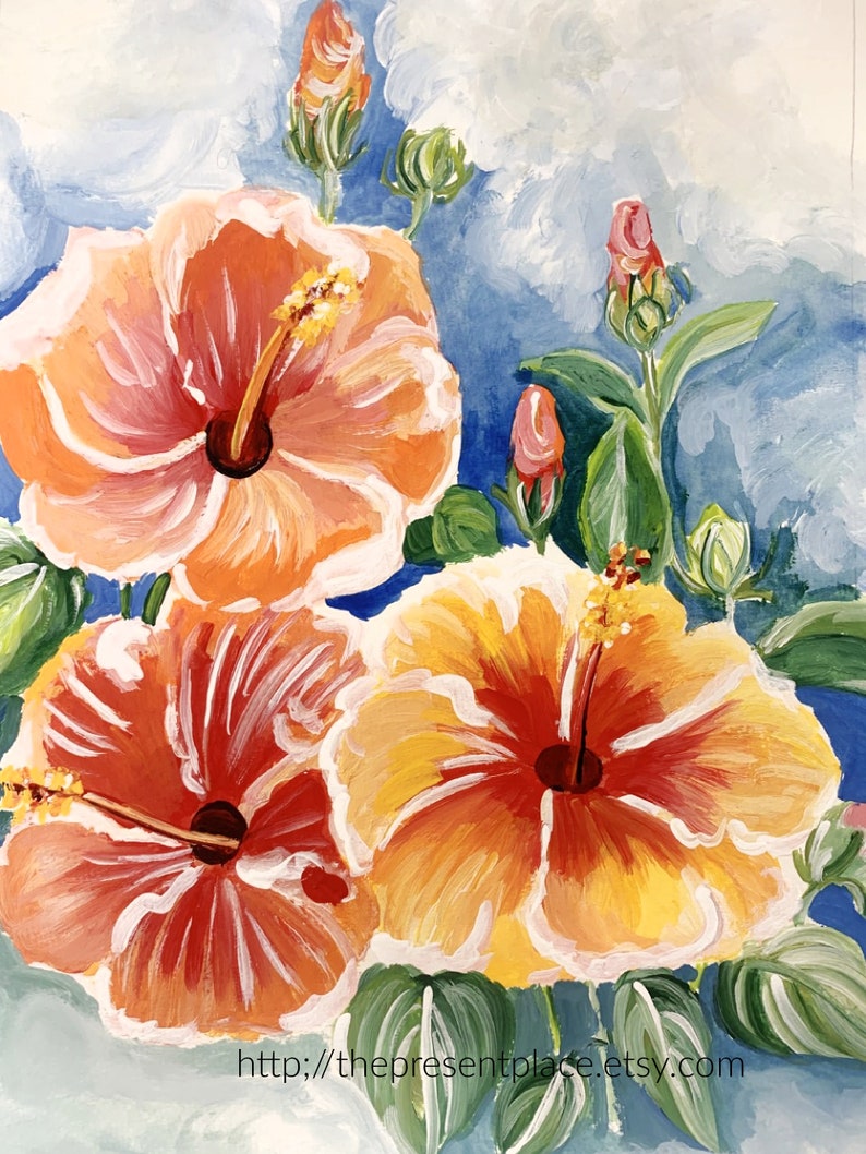 3 sisters an original hibiscus painting in vibrant yellows and orange image 1