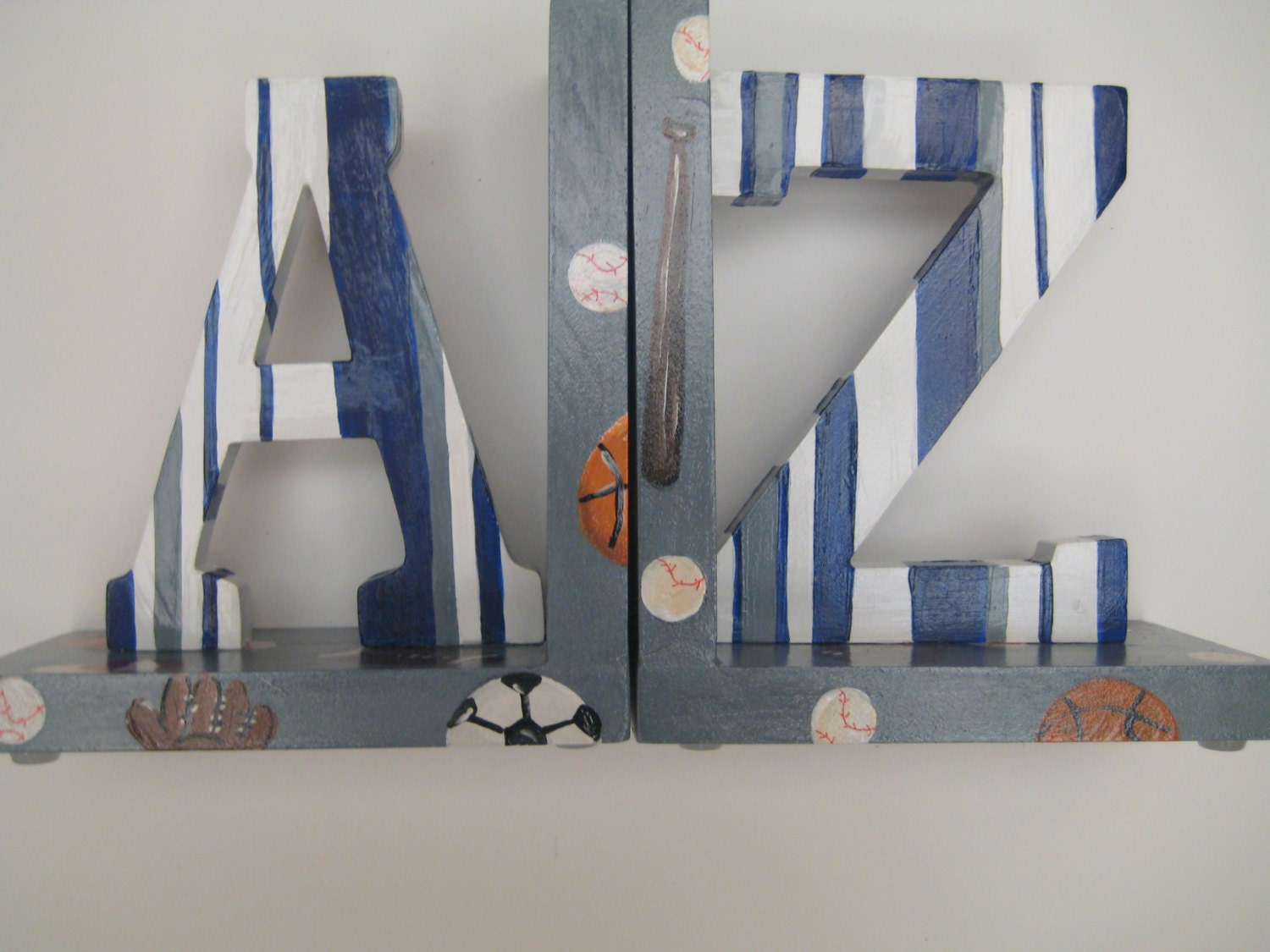 Hand-Painted Sports A-Z Bookends, Boy's Room Decor