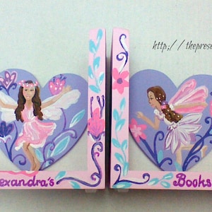 fairy bookends,hand painted personalized bookends,girls bookends,kids bookends,childrens bookends,fairies,flowers,personalized gift