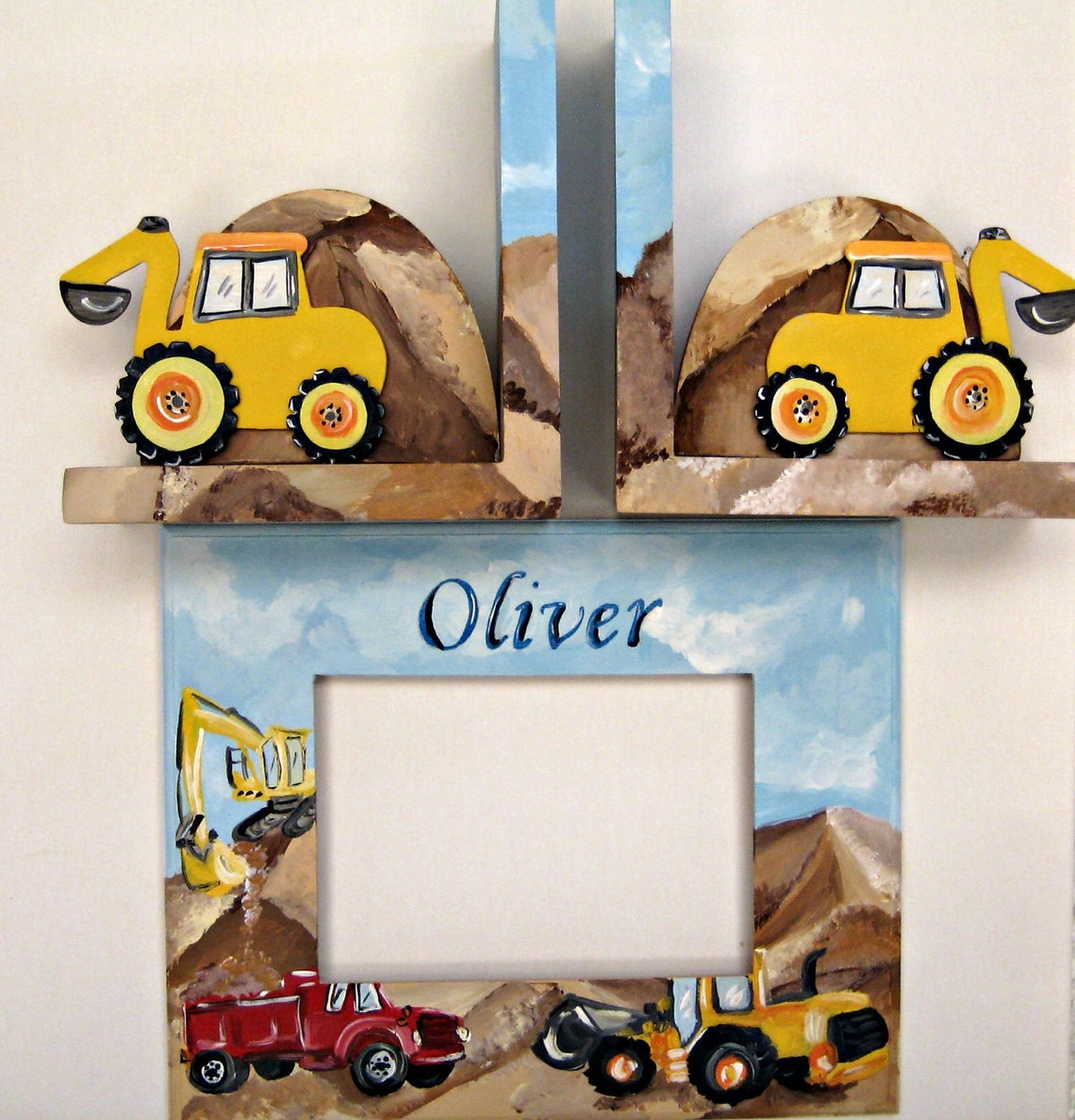 Yellow Backhoe Book Endsconstruction Bookendspersonalized Etsy