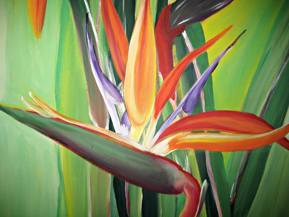 Oiseau De Paradis Art Original Acrylique Sur Toile Peinture Originale Peinture Acrylique Fleurs De Peinture Orange Fleur Floral Vif