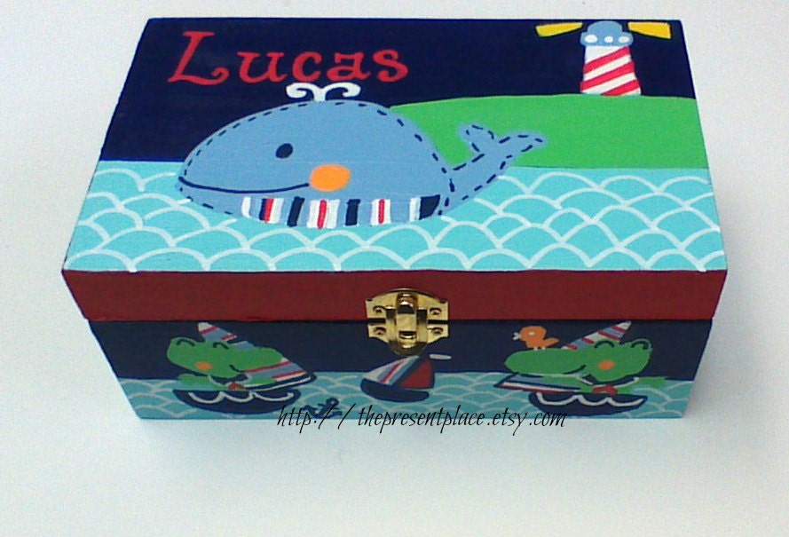 Hand Painted Keepsake Box Aquarednavysail Boatswhales Etsy