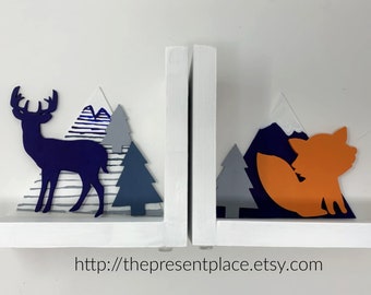 woodland nursery personalized bookends, navy deer and orange fox