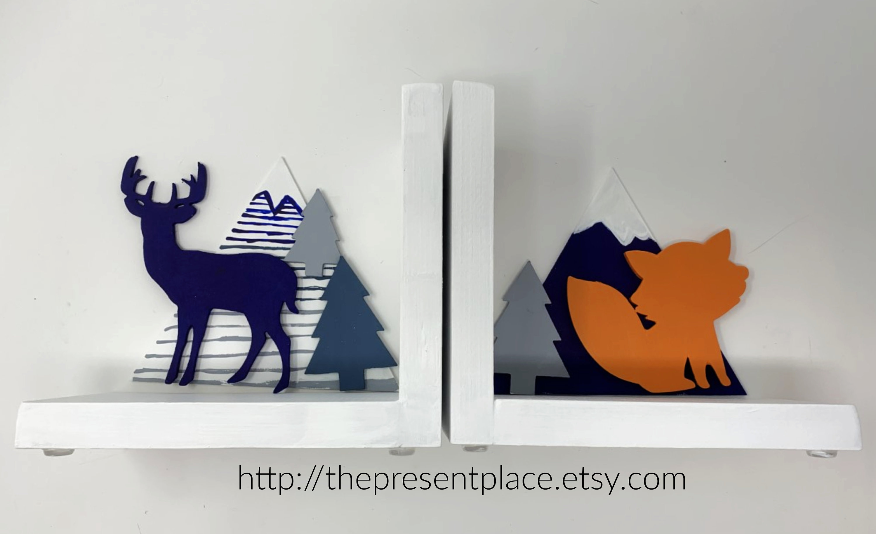 Woodland Nursery Personalized Bookends, Navy Deer & Orange Fox