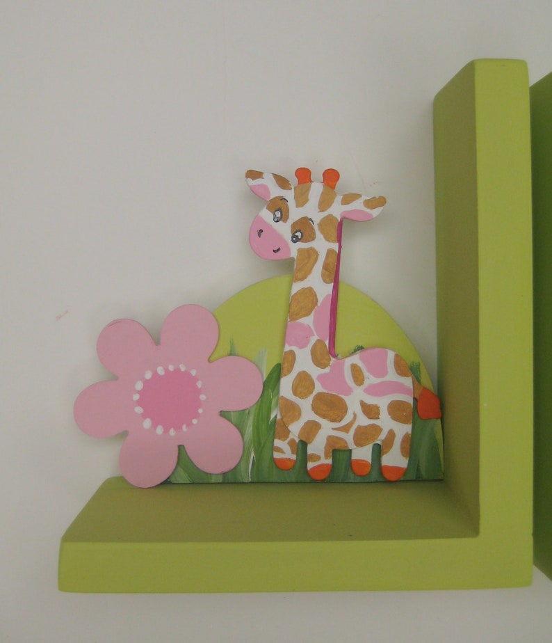 Personalized giraffe and elephant bookends with pink flowers image 2