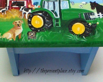 Personalized,customized farm step stool,green tractor,farm animals,boys bench,kids stepstool,childrens step stools,boys gift,kids farm gift