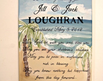 A personalized Irish wedding blessing painted on a seascape for a beach wedding ceremony, a special and highly personalized wedding gift