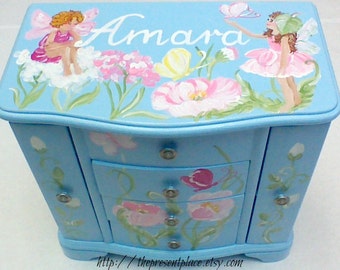 light turquoise jewelry box personalized with pink flowers and fairies