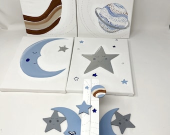 baby shower gift set, bookends and wall art with moon, stars and constellations