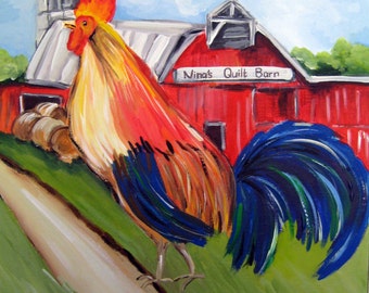 peinture acrylique d’un coq fier devant une grange rouge, peinture de coq, peinture personnalisée, coq rouge, décor de coq, peinture de coq