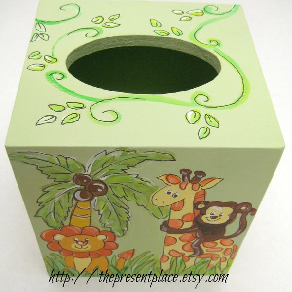 hand painted,tissue box,jungle decor,monkey,lion,giraffe,safari animal nursery,safari animal decor,jungle tissue box,new baby gift,nursery