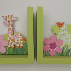 Personalized giraffe and elephant bookends with pink flowers image 1