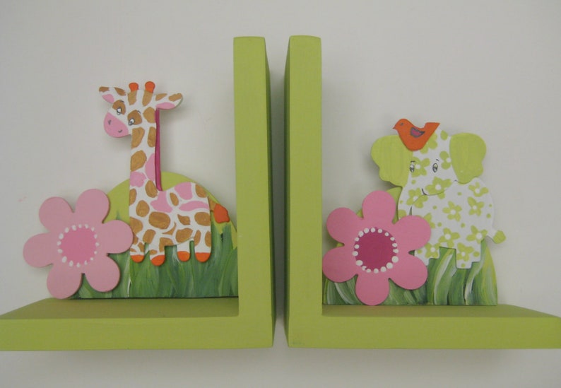 Personalized giraffe and elephant bookends with pink flowers image 1