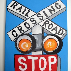 railroad crossing sign,railway crossing painting,boys train decor,train wall art,wall hanging,boys room decor,train painting,road sign