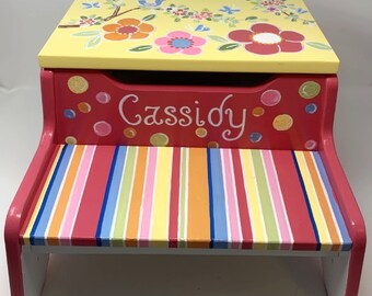 Personalized Two Step Stool: Hand-Painted Flowers and Butterflies