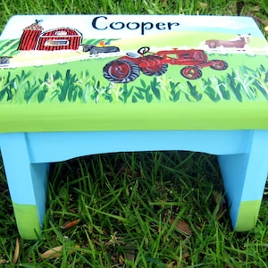 Personalized Farm Step Stool: Hand-Painted Barn, Tractor, Pony