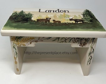 personalized woodland step stool, with trees, bears and moose