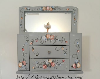 personalized, musical jewelry box, with a spinning ballerina and hanging space