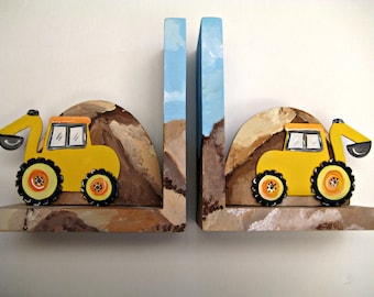 Personalized Yellow Backhoe Bookends: Hand-Painted Wooden Construction Decor