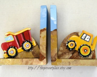 personalized boys bookends, red dump truck and a yellow excavator bookends, build it theme