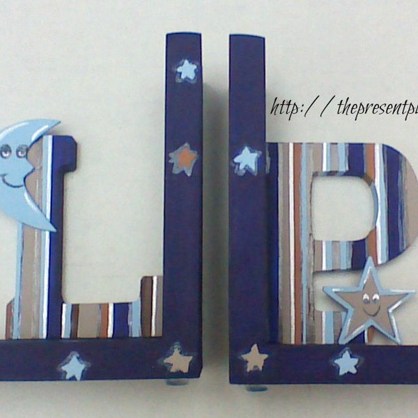 Special as is SALE,LP letters, LP letter bookends,moons,stars,stripes,personalized bookends,blues,browns,boys bookends,childrens bookends