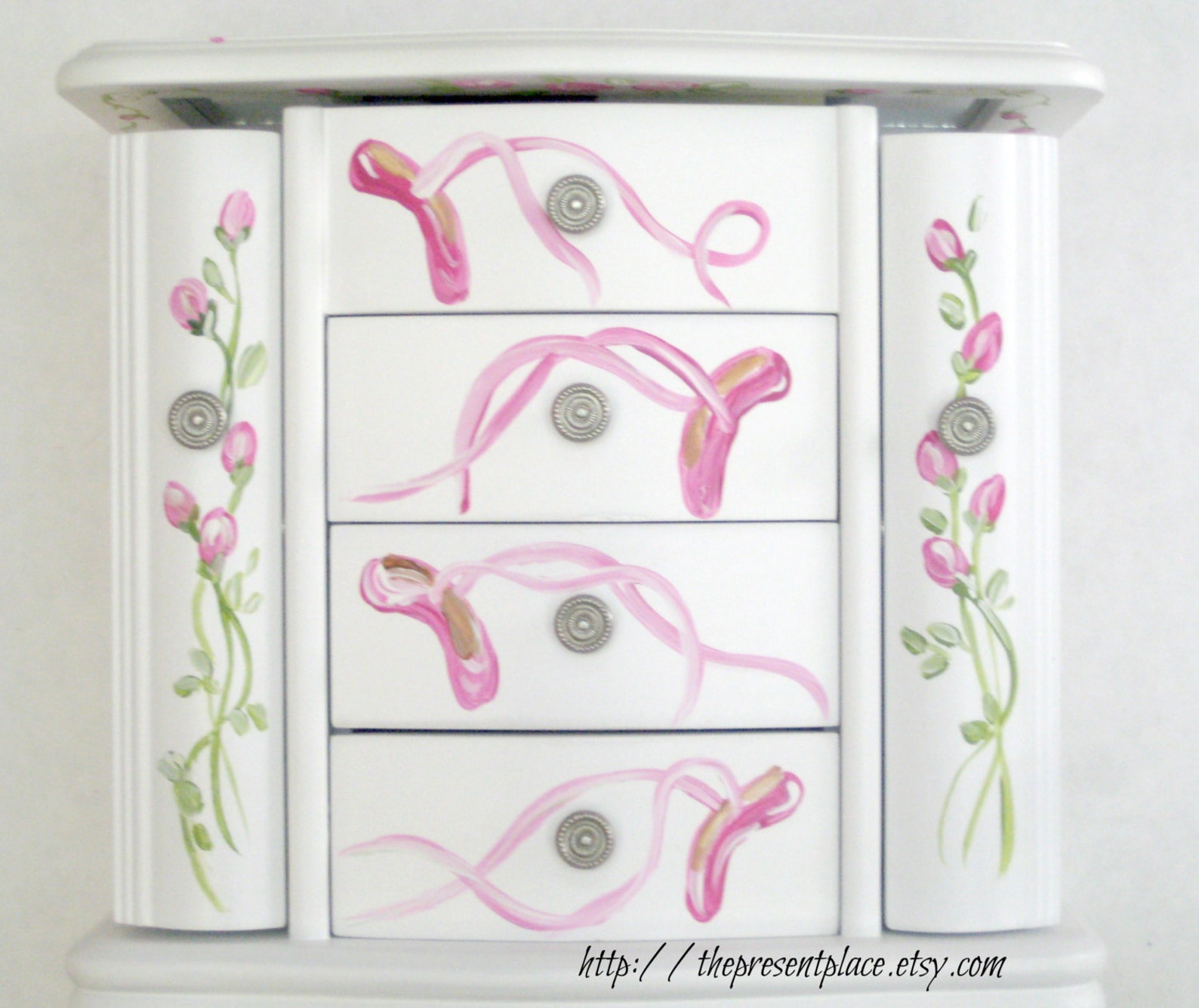 large white hanging jewelry box,four drawers,hand painted, ballerina,roses,ballet shoes,personalized jewelry box,girls jewelry b