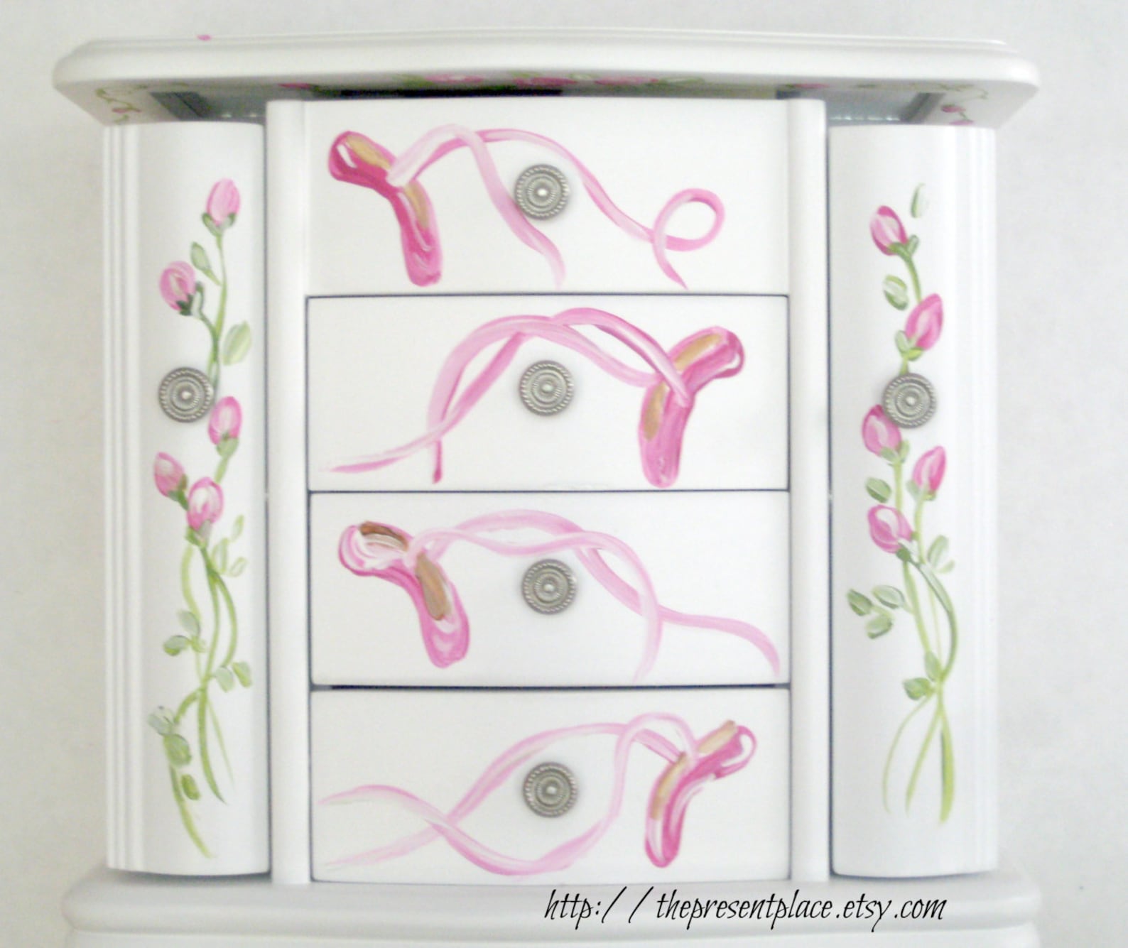 large white hanging jewelry box,four drawers,hand painted, ballerina,roses,ballet shoes,personalized jewelry box,girls jewelry b