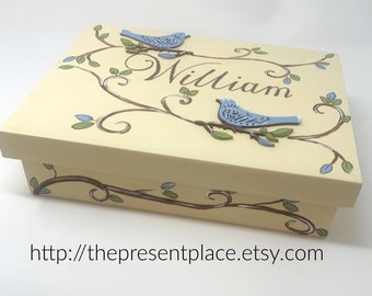 personalized boys keepsake box. blue birds boys memory box, shower gift