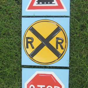 Hand Painted Train, Stop, Railroad Signs Canvas Set, Kids Wall Art