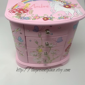 personalized pink musical jewelry box with fairies and unicorns