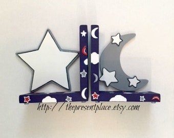 star bookends,moon bookends,kids bookends,personalized bookends,boys bookends,childrens bookends,moon,stars,kids bookends,customized