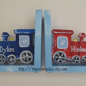 navy blue and a red train bookends,personalized bookend,personalized gift,childrens bookend,trains,train bookends,boys bookends