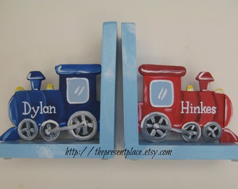 navy blue and a red train bookends,personalized bookend,personalized gift,childrens bookend,trains,train bookends,boys bookends