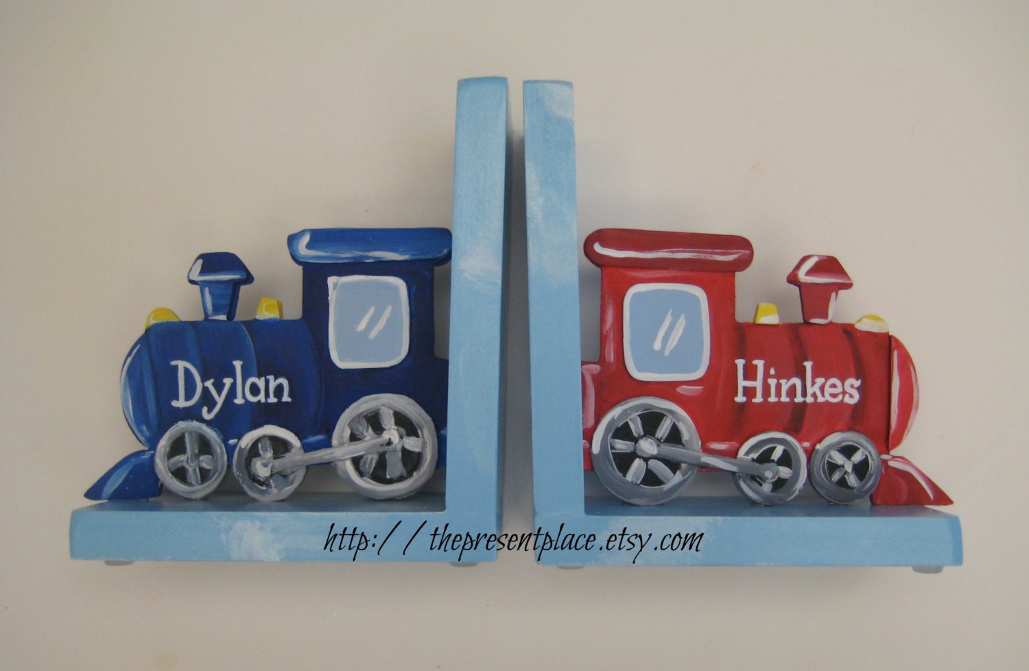 Hand Painted Train Bookends, Personalized Nursery Decor