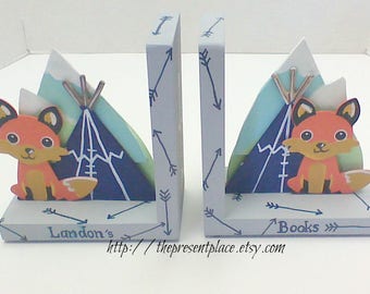 boys personalized bookends,woodland bookends,fox bookends,tribal bookends,teepee,fox,arrows,forrest animals,adventure bookends,adventure