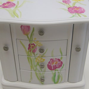 personalized large white hanging jewelry box with two doors and drawers, painted with tulips