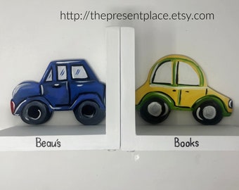 Personalized Car Bookends, Yellow and Blue, Nursery Decor