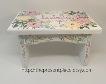 personalized stepstool with pink, yellow and blue roses