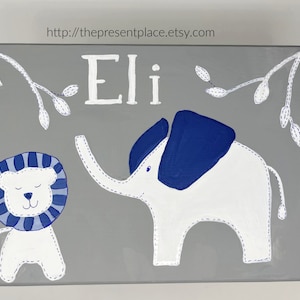 personalized stepstool with elephants and lions in gray and periwinkle blue