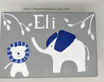 personalized stepstool with elephants and lions in gray and periwinkle blue